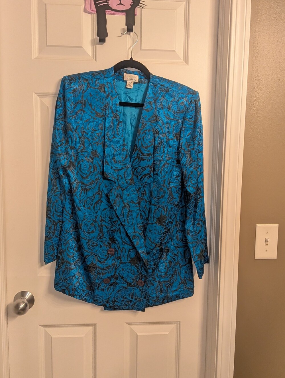 Vintage Turquoise Floral Silk Blazer Jacket - Women's